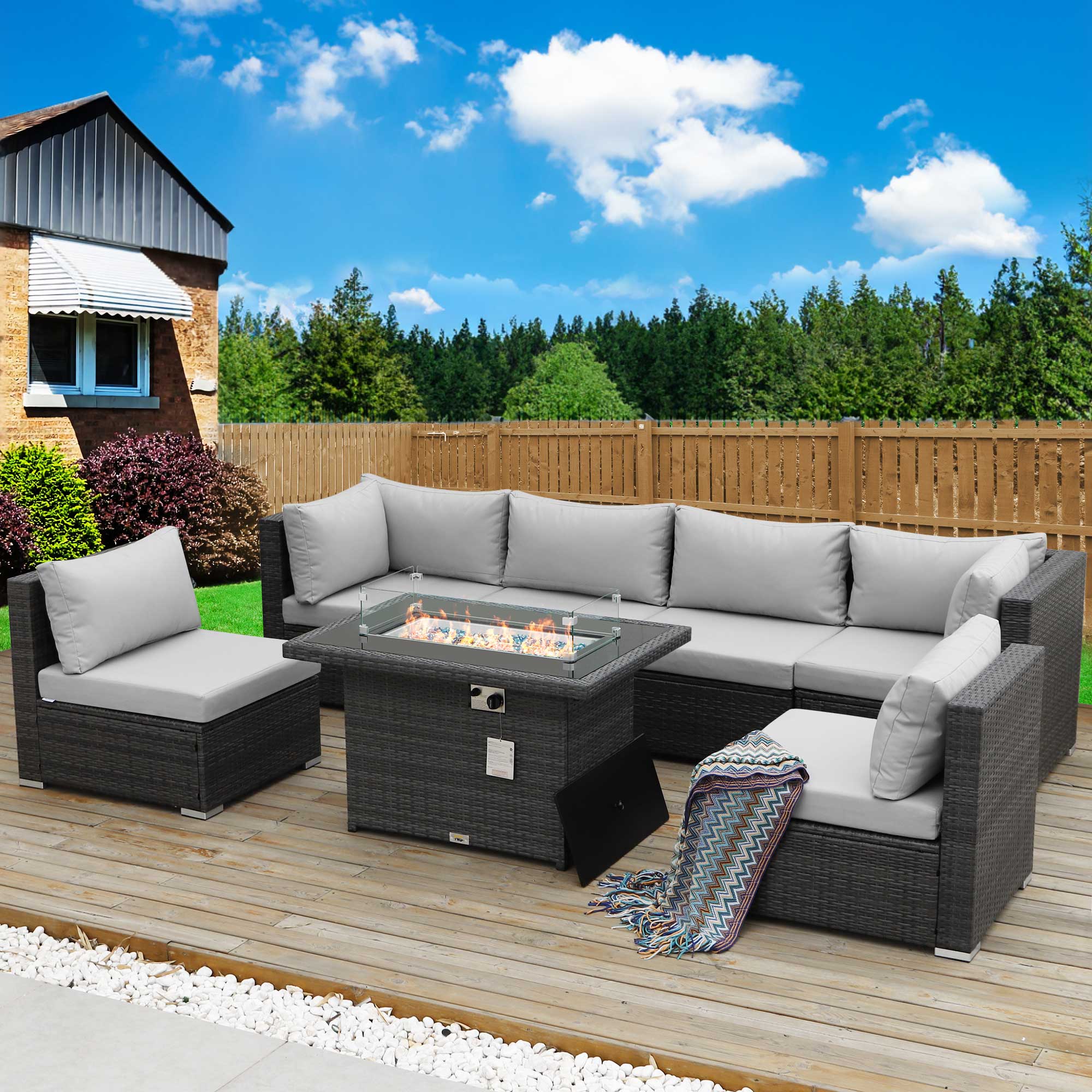 NICESOUL 7 Pcs High-End Extra Large Outdoor Patio Furniture Set with Natural Gas/Propane Firepits,Wicker Sectional Couches with Fire pit Table, 29.3''High Back Conversation Sofas Deep Seating#color_grt-lightgray