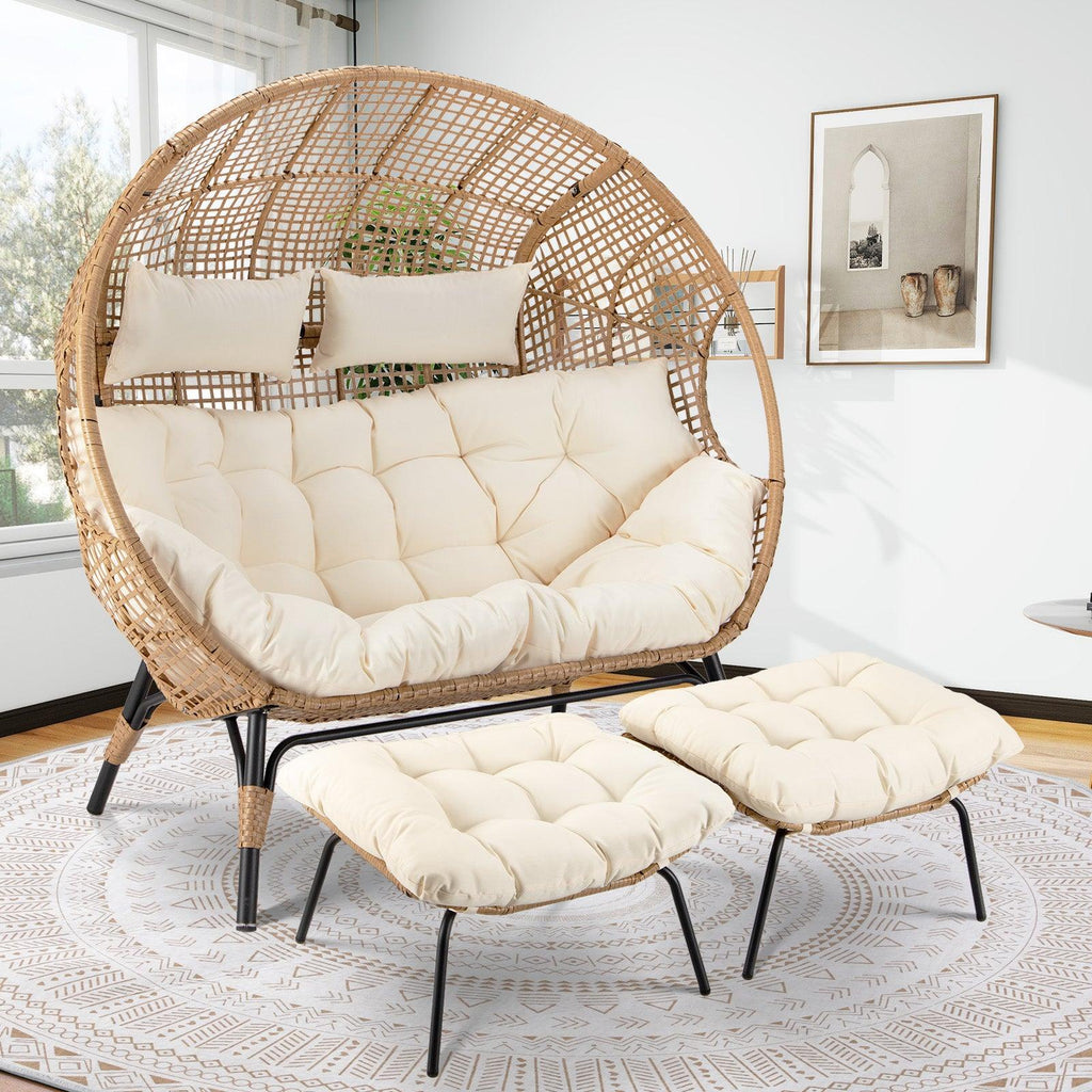 NICESOUL Outdoor Double Stationary Egg Chair with Ottomans