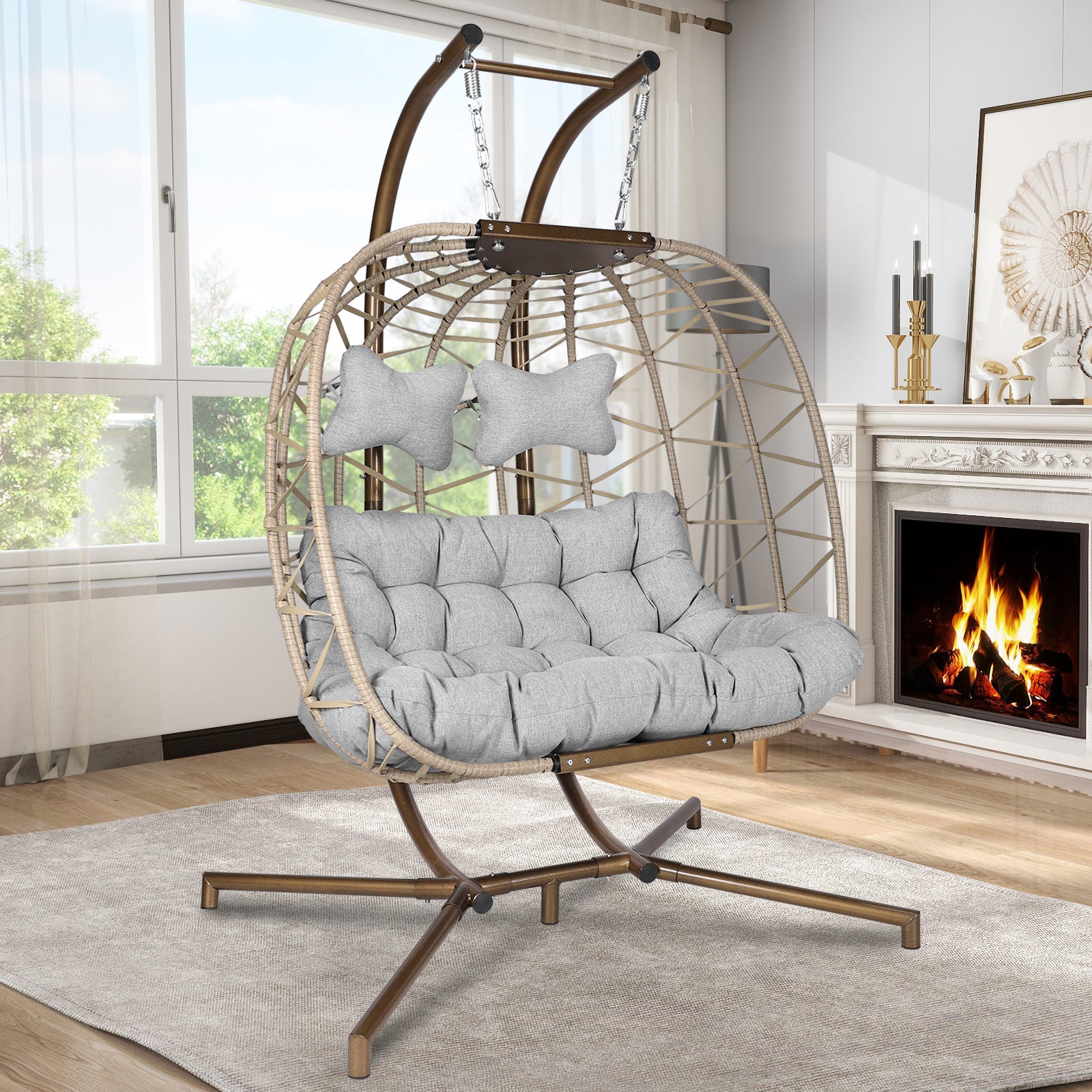 NICESOUL Harmony 2 Person Beige Wicker Swing Egg Chair with Stand Nicesoul Furniture