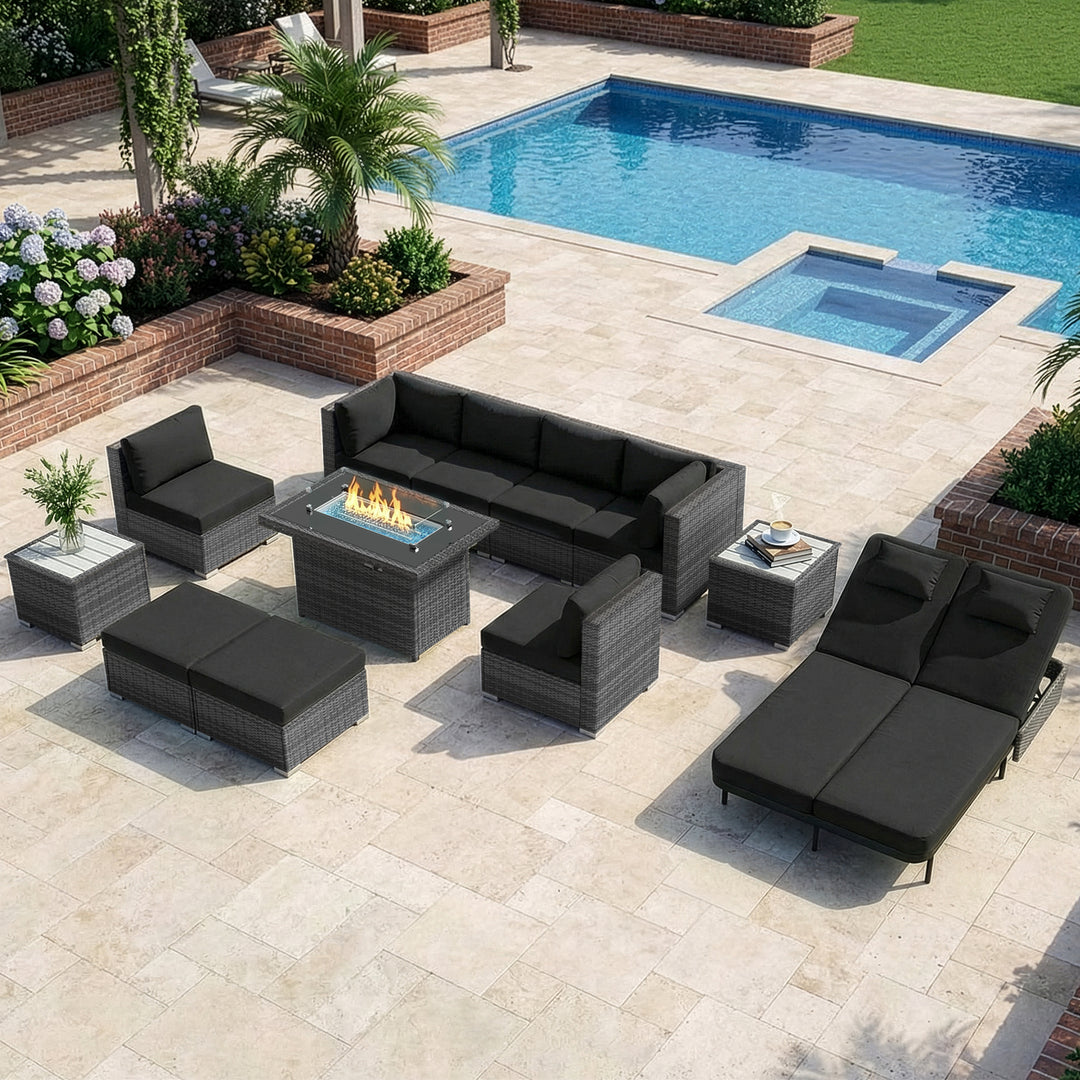 RADIATA 12-Piece Patio Furniture Set with Fire Pit Table, Outdoor Sectional with 43" 60000 BTU Firepit Table, Double Chaise Lounge, High Back Wicker Outdoor Sectional with Fire Pit Set,Dark Gray