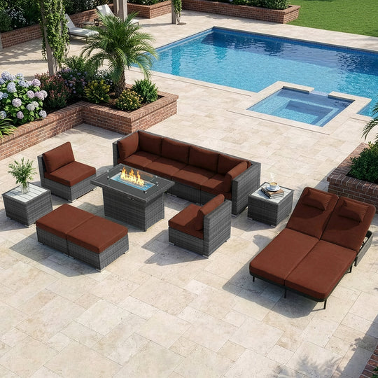 RADIATA 12-Piece Patio Furniture Set with Fire Pit Table, Outdoor Sectional with 43" 60000 BTU Firepit Table, Double Chaise Lounge, High Back Wicker Outdoor Sectional with Fire Pit Set,Dark Gray