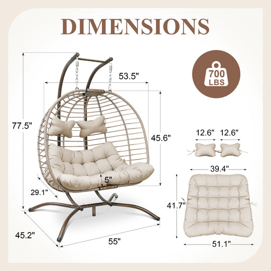 NICESOUL Outdoor Double Hanging Egg Chair with Stand PE Wicker Oversized Patio 2 Person Swing Egg Chair Beige Loveseat