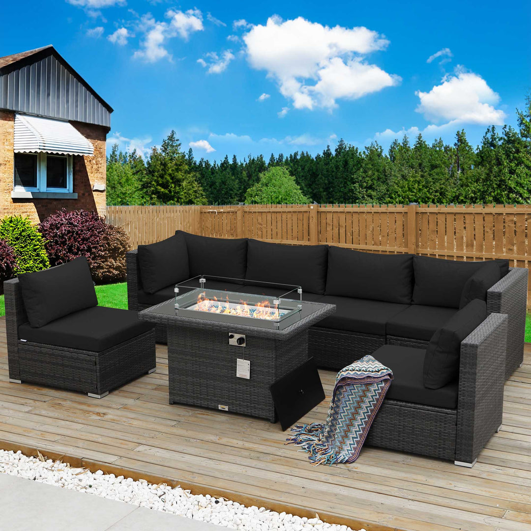 NICESOUL 7 Pcs High-End Extra Large Outdoor Patio Furniture Set with Natural Gas/Propane Firepits,Wicker Sectional Couches with Fire pit Table, 29.3''High Back Conversation Sofas Deep Seating#color_grt-black