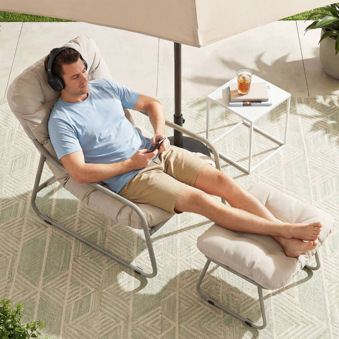 NICESOUL Outdoor Lounge Chair with Ottoman – 400LB Heavy-Duty Patio Chair, Beige