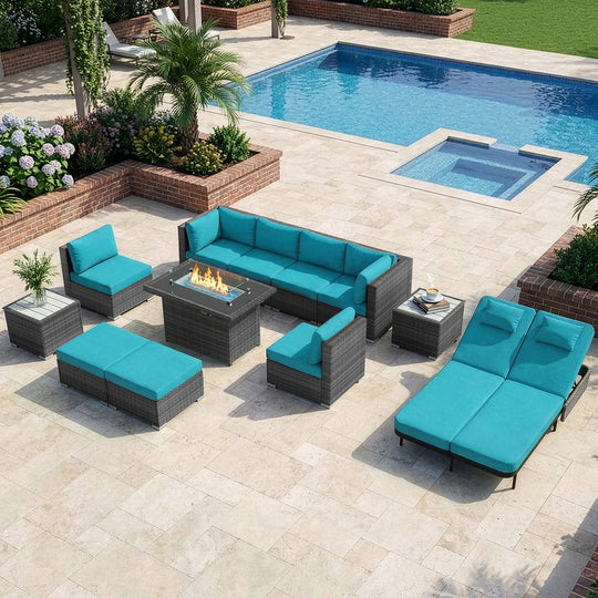 RADIATA 12-Piece Patio Furniture Set with Fire Pit Table, Outdoor Sectional with 43" 60000 BTU Firepit Table, Double Chaise Lounge, High Back Wicker Outdoor Sectional with Fire Pit Set,Dark Gray