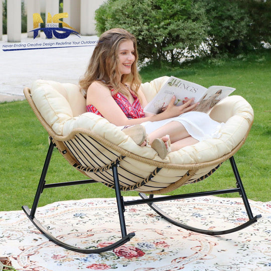 NICESOUL Outdoor Rocking Egg Chair Papasan Recliner Rocker Chair, PE Wicker Oversized Rocking Chair