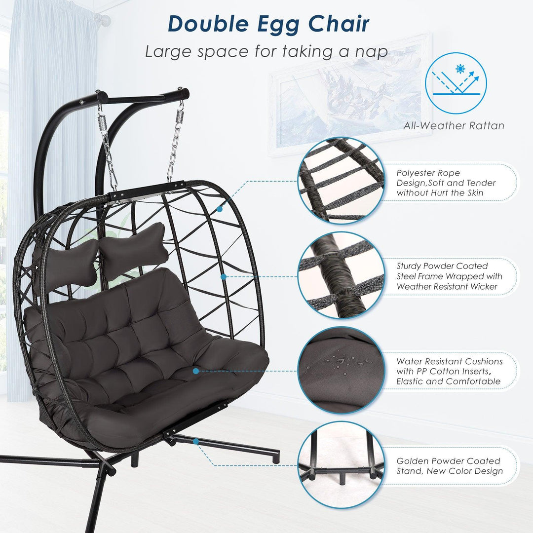 NICESOUL Extra Large Gray Wicker Double Seat Patio Swing Hanging Egg Chair with Black Stand and Turquoise Cushions