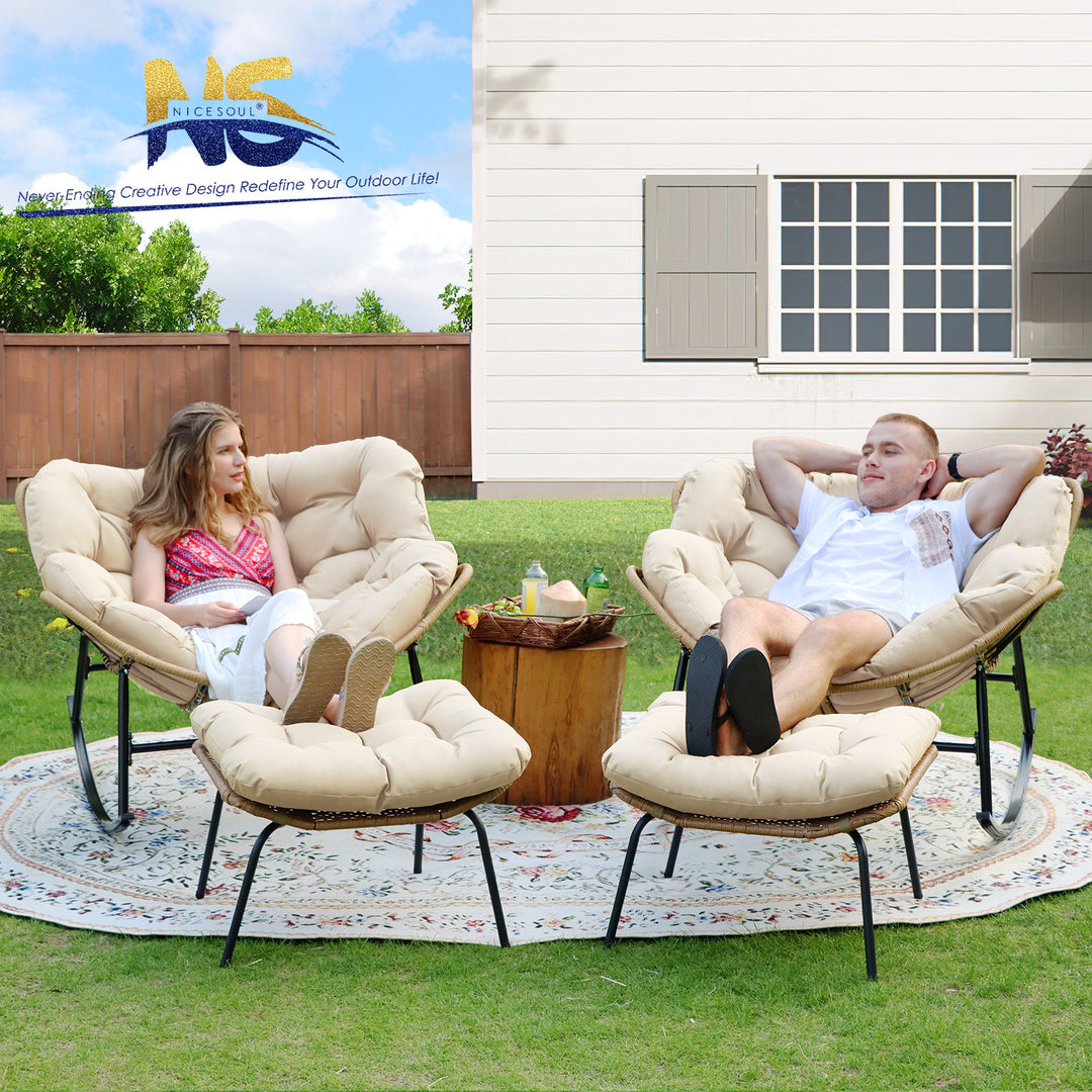 NICESOUL Outdoor Rocking Egg Chair Papasan Recliner Rocker Chair, PE Wicker Oversized Rocking Chair