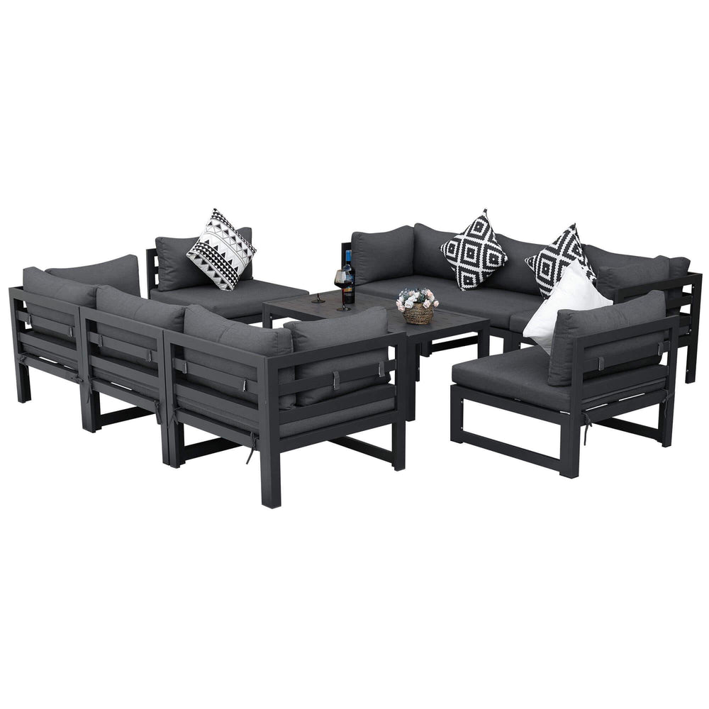 NICESOUL 10 Pieces Aluminum Outdoor Patio Furniture Conversation Sofa Set, Grey Large Size Luxury Sectional Couch with Coffee Table Black Olefin Cushion for Backyard Garden, 2 Color Cushion#color_gal-darkgray