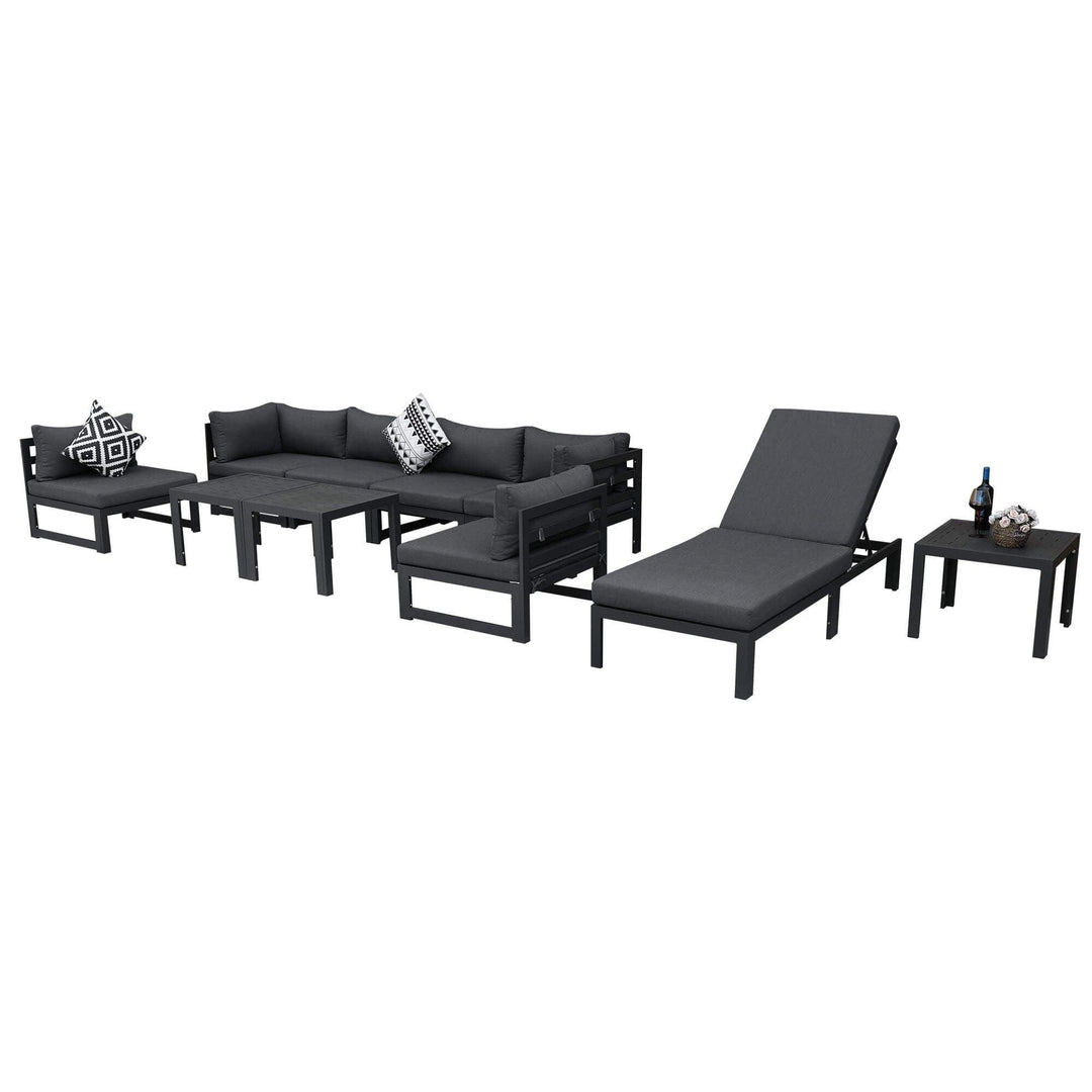 NICESOUL 10 Pieces Aluminum Outdoor Patio Furniture Conversation Sofa Set, Grey Large Size Deep Seat Sectional Couch with Coffee Table Black Olefin Cushion for Poolside Deck#set-type_coffee-table