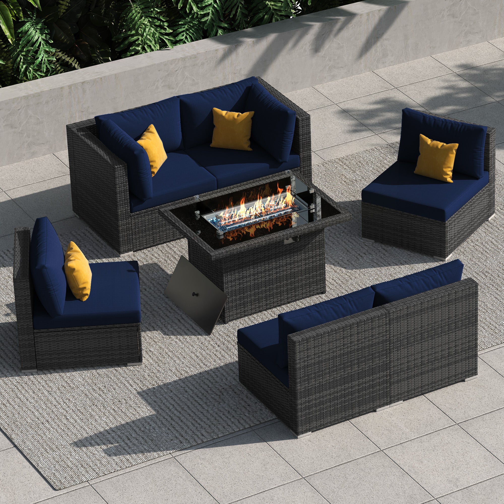 NICESOUL Charcoal Rattan Sectional with Fire Pit Table-6 Seat