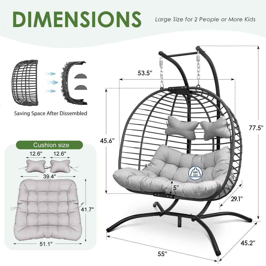 Patio Double Egg Chair with Stand 680Lbs Patio Outdoor 2 Person Egg Chair - Nicesoul Furniture