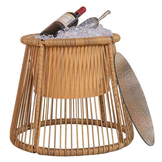 Boho Outdoor Patio Wicker Round Ice Bucket Table