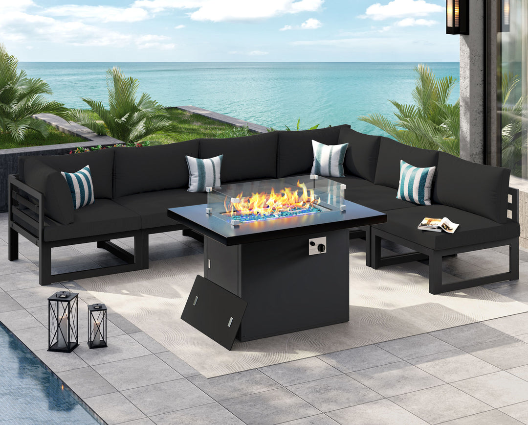NICESOUL 7 Pieces Aluminum Patio Furniture Set with Fire Pit Table, Black#color_gal-black