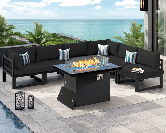 NICESOUL 7 Pieces Aluminum Patio Furniture Set with Fire Pit Table, Black#color_gal-black