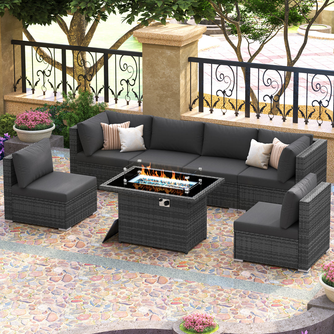 NICESOUL Wicker Outdoor Couch with Fire Pits 6 Seater 7-Piece