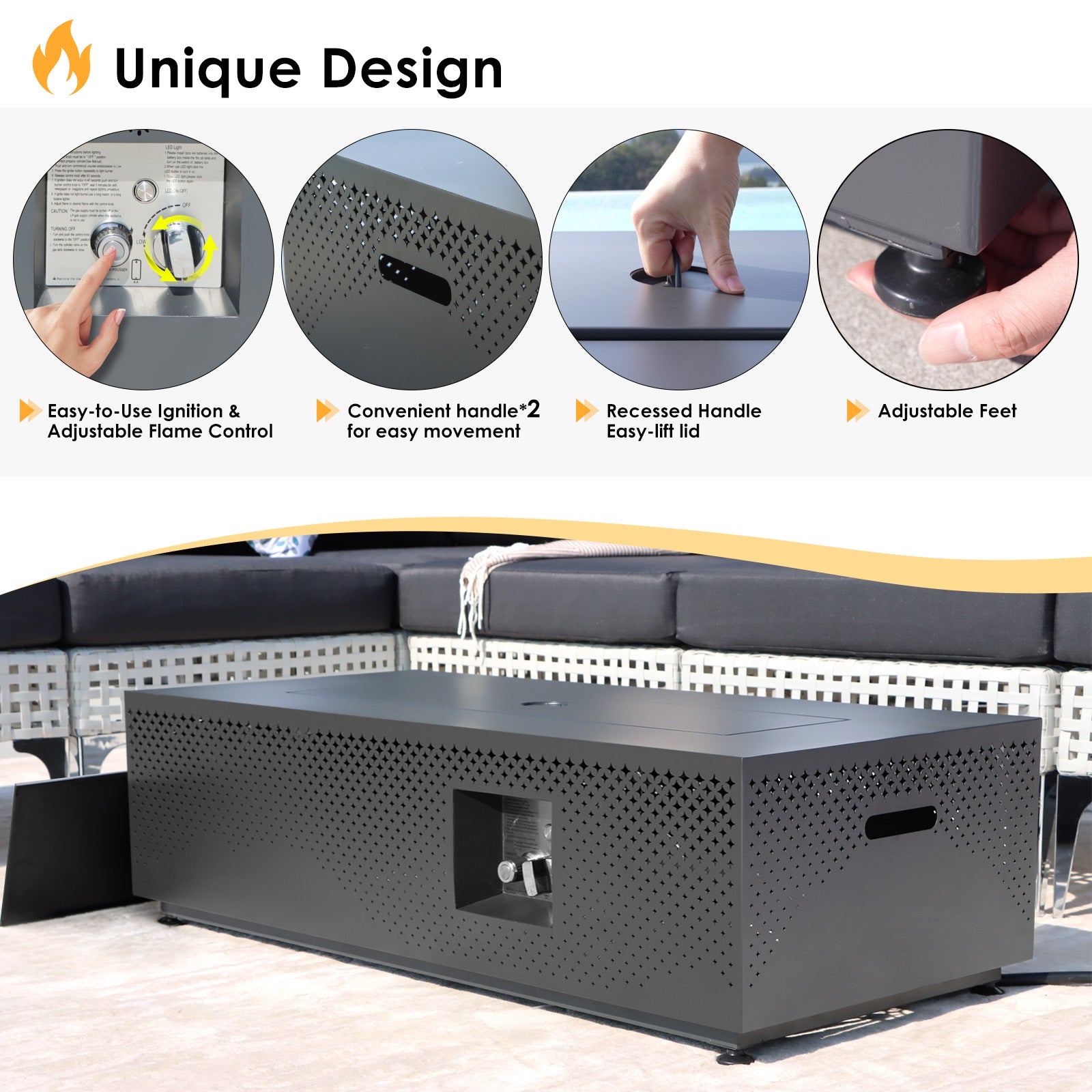 NICESOUL Outdoor Rectangular Fire Pit Table with LED Lights 50,000