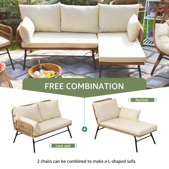 NICESOUL 8 PCS Beige Boho Outdoor Patio Furniture Sets with 2 Chairs, 2 Ottomans & 1 Side Table, Small L Shape Conversation Sectional Sofa with Ice Bucket for Backyard