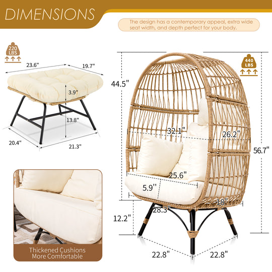 NICESOUL 2 Pieces Outdoor Boho Stationary Egg Chairs with Ottomans for Garden, Backyard, Living Room