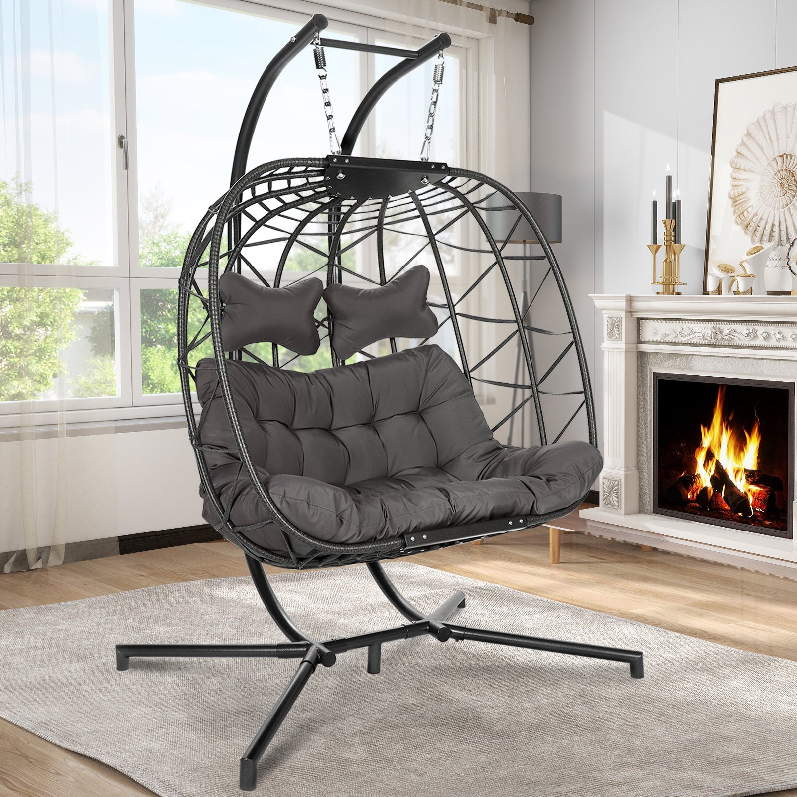 NICESOUL Harmony 2 Person Grey Wicker Swing Egg Chair with Stand Nicesoul Furniture