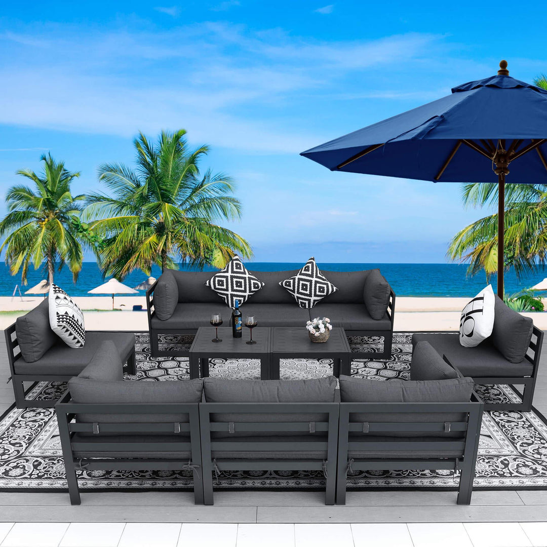 NICESOUL 10 Pieces Aluminum Outdoor Patio Furniture Conversation Sofa Set, Grey Large Size Luxury Sectional Couch with Coffee Table Black Olefin Cushion for Backyard Garden, 2 Color Cushion#color_gal-darkgray