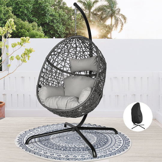 Oversized PE Wicker Light Gray Swing Egg Nest Chair with Stand and A Cover Outdoor Indoor