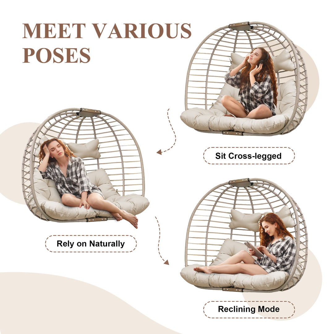 NICESOUL Outdoor Double Hanging Egg Chair with Stand PE Wicker Oversized Patio 2 Person Swing Egg Chair Beige Loveseat