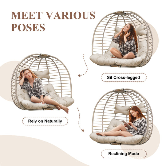 NICESOUL Outdoor Double Hanging Egg Chair with Stand PE Wicker Oversized Patio 2 Person Swing Egg Chair Beige Loveseat