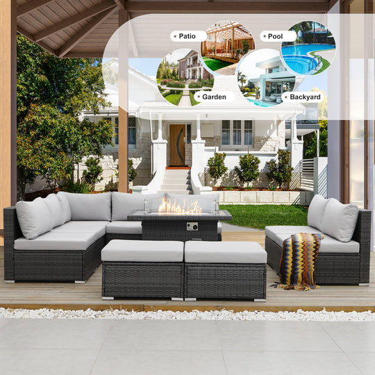 NICESOUL 10 Pieces Modern Luxury Outdoor Large Size Patio Furniture Sofa Sets with Convertible Natural Gas Propane Firepit,29.3'' High Back Wicker Conversation Sectional Sofa Set#color_grt-lightgray