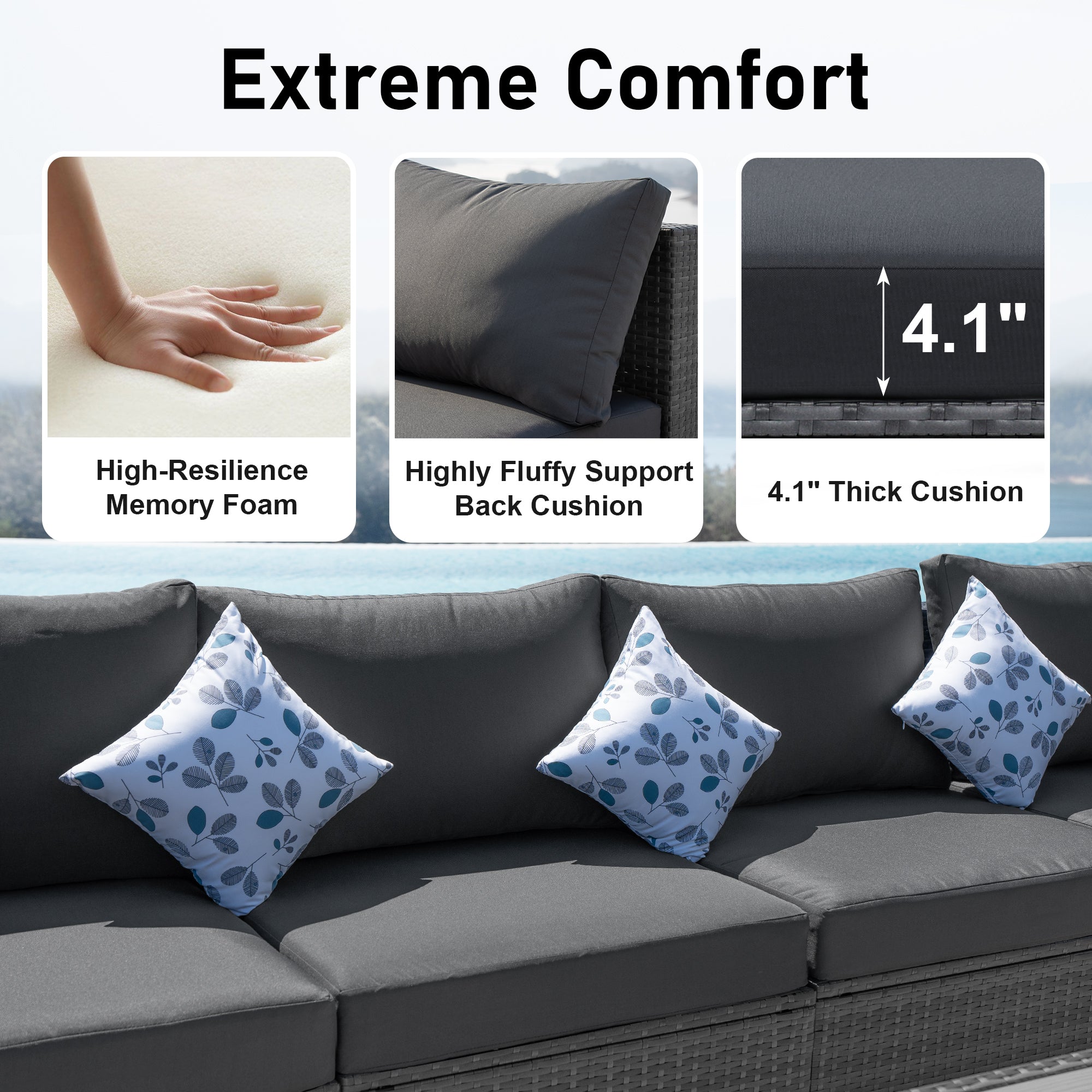 NICESOUL Charcoal Rattan Sectional with Fire Pit Table-6 Seat