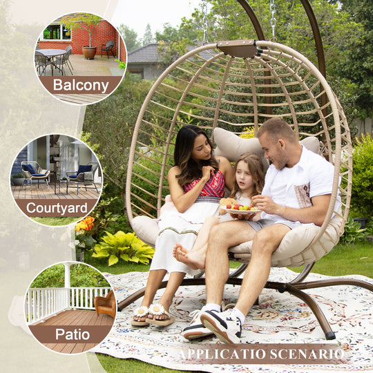 NICESOUL Outdoor Double Hanging Egg Chair with Stand PE Wicker Oversized Patio 2 Person Swing Egg Chair Beige Loveseat