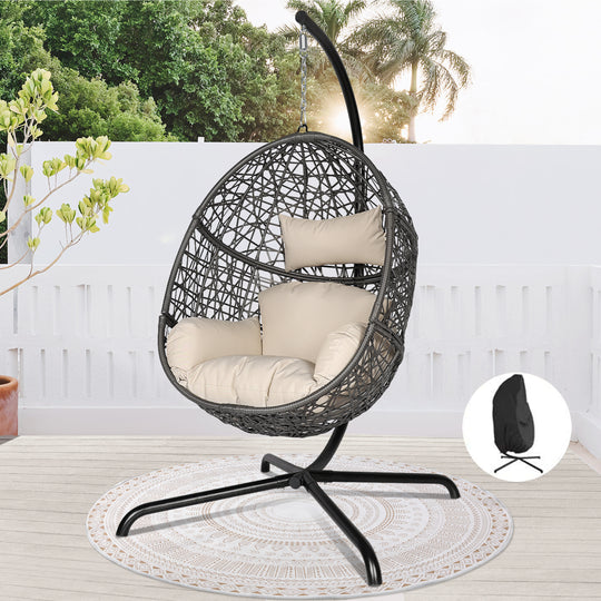 Oversized PE Wicker Light Gray Swing Egg Nest Chair with Stand and A Cover Outdoor Indoor