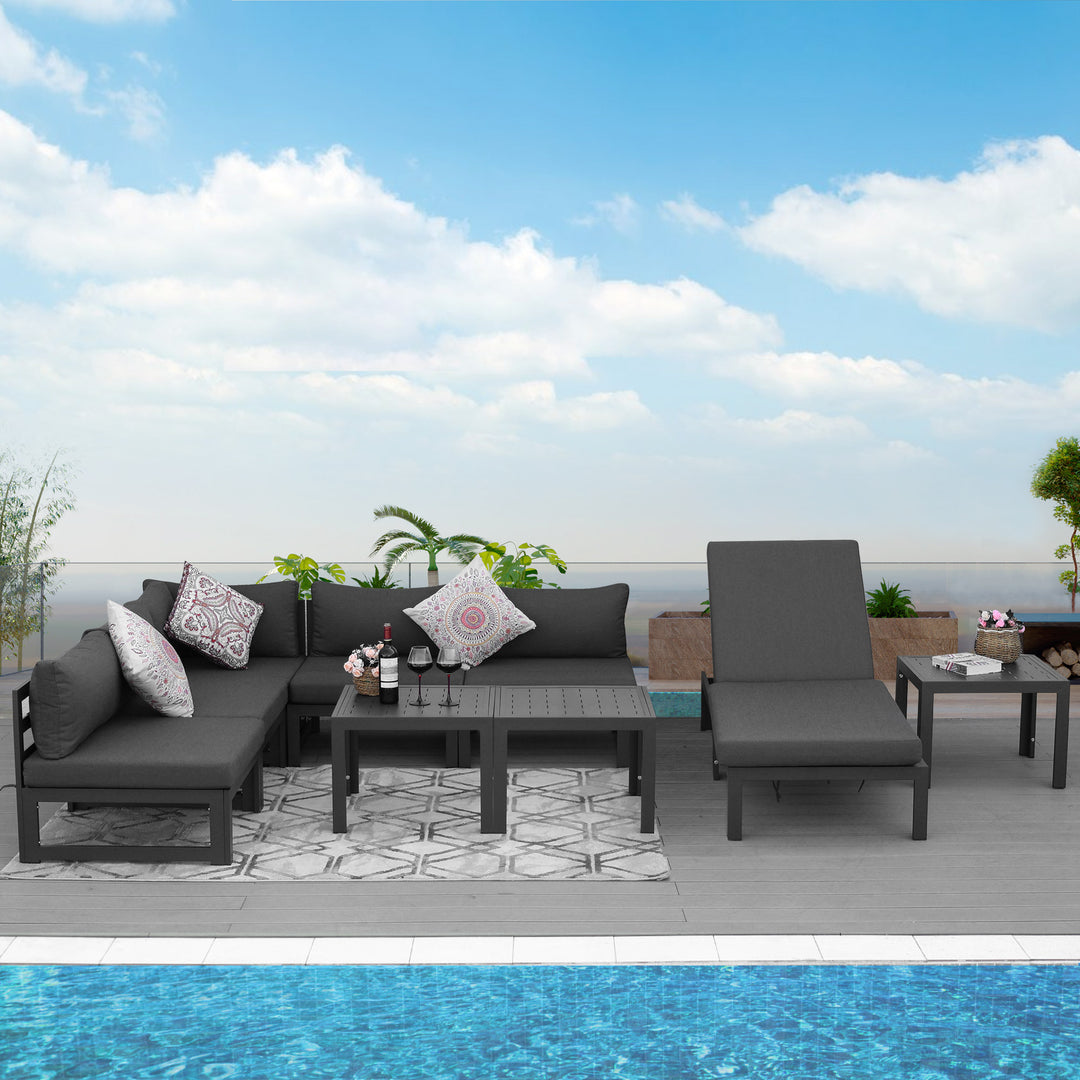 La Jolla Outdoor Charcoal Alumiunm Sectional Set withChaise Lounges and Tables-6 Seat - Nicesoul Furniture