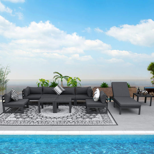 NICESOUL 10 Pieces Aluminum Outdoor Patio Furniture Conversation Sofa Set, Grey Large Size Deep Seat Sectional Couch with Coffee Table Black Olefin Cushion for Poolside Deck#set-type_coffee-table