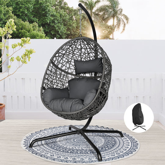 Oversized PE Wicker Light Gray Swing Egg Nest Chair with Stand and A Cover Outdoor Indoor