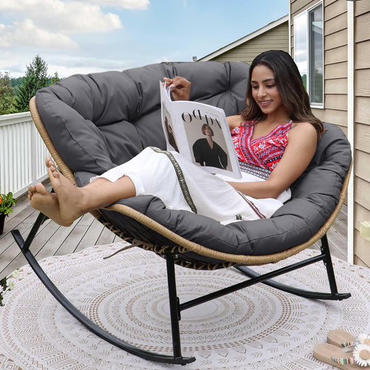 NICESOUL Outdoor Rocking Egg Chair Papasan Recliner Rocker Chair, PE Wicker Oversized Rocking Chair