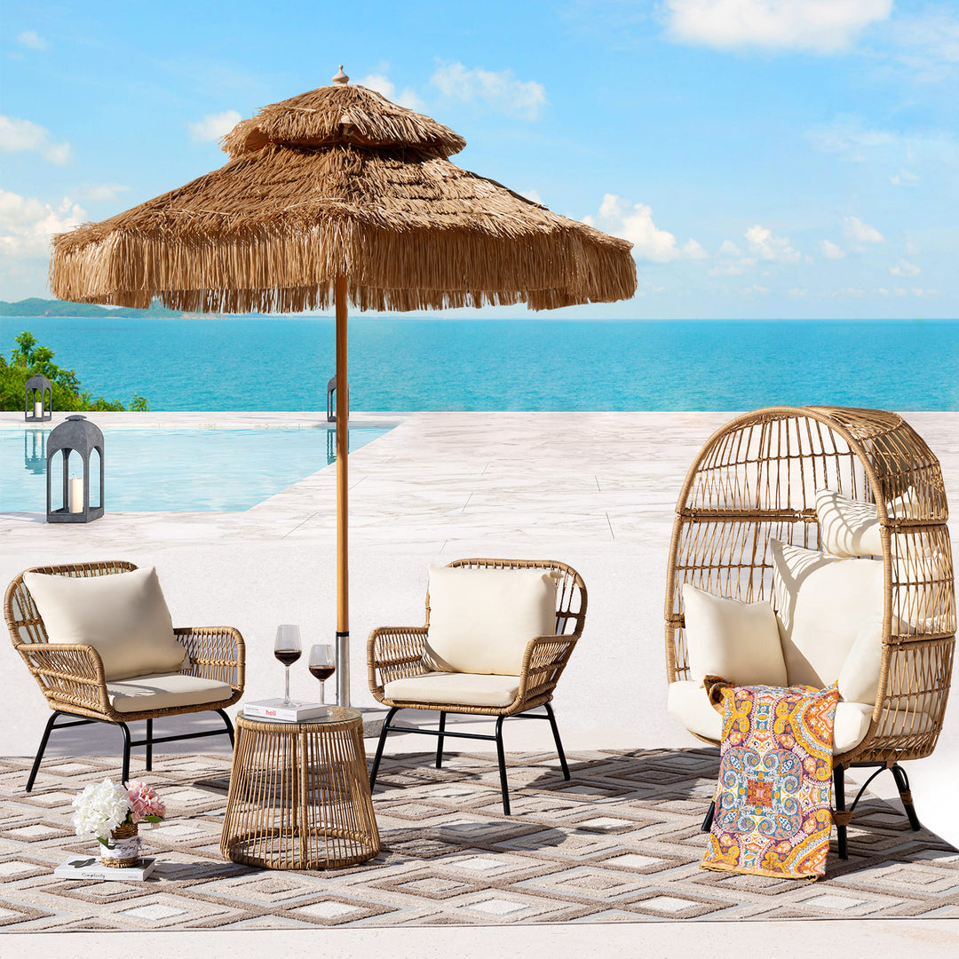 NICESOUL 8 PCS Beige Boho Outdoor Patio Furniture Sets with 2 Chairs, 2 Ottomans & 1 Side Table, Small L Shape Conversation Sectional Sofa with Ice Bucket for Backyard