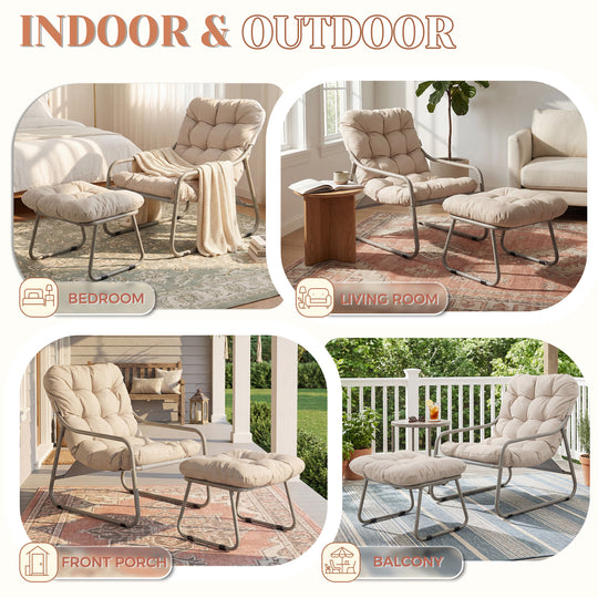NICESOUL Outdoor Lounge Chair with Ottoman – 400LB Heavy-Duty Patio Chair, Beige
