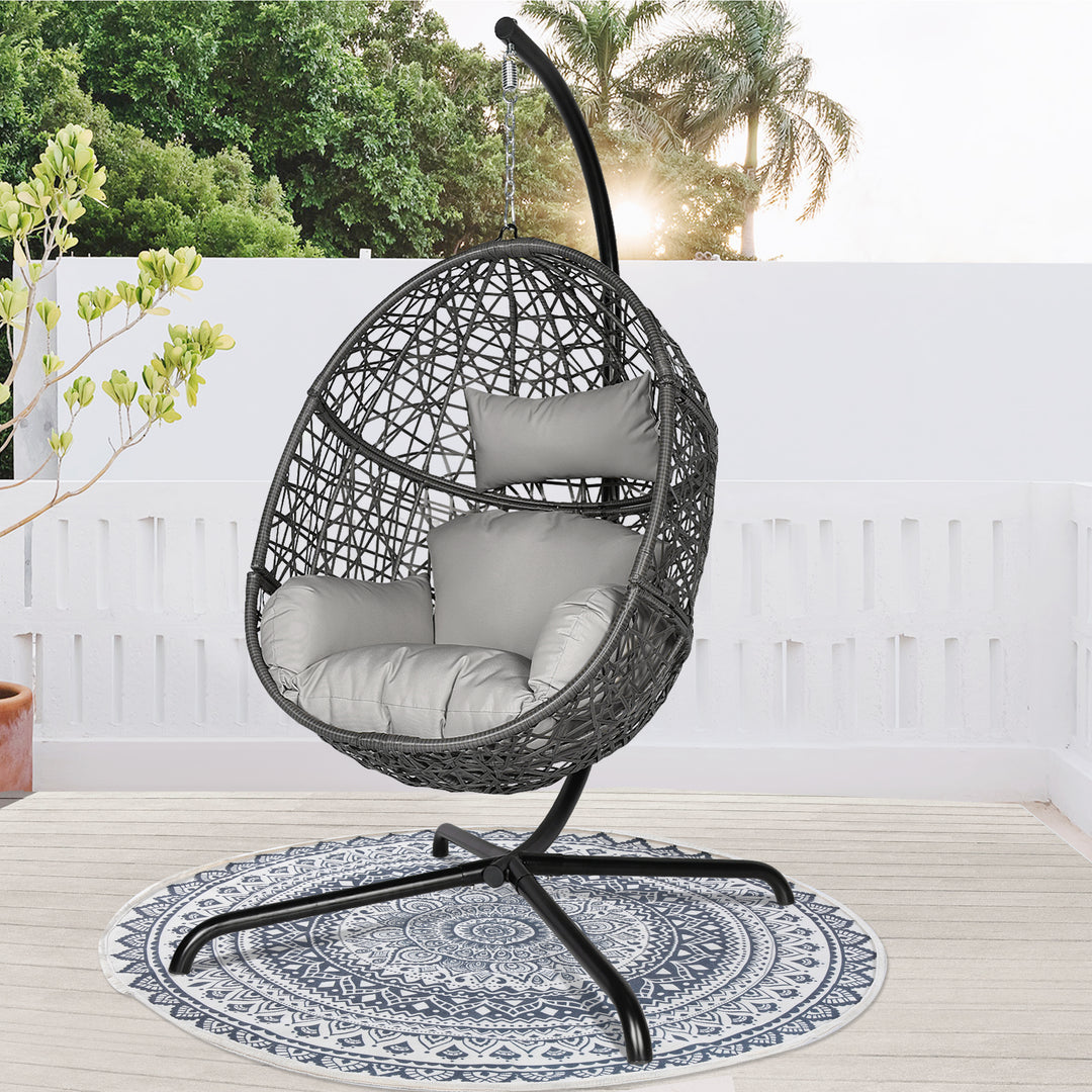 Oversized PE Wicker Light Gray Swing Egg Nest Chair with Stand and A Cover Outdoor Indoor