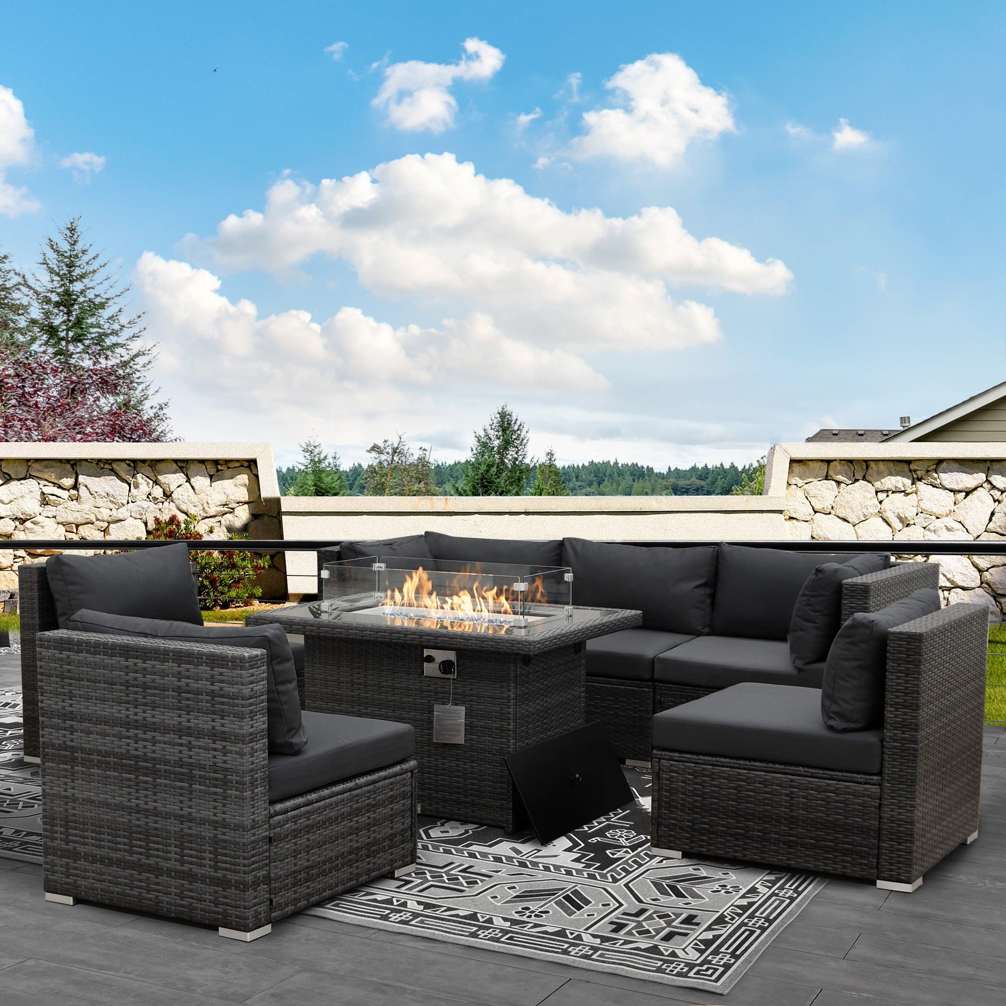 Rattan corner garden discount furniture with fire pit