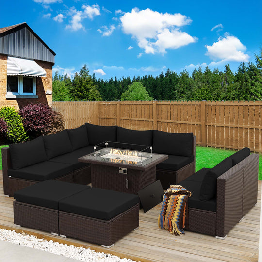 Outdoor Eden Espresso Fire Pit Sectional-9 Seat - Nicesoul Furniture#color_brt-black