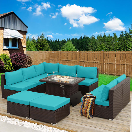 Outdoor Eden Espresso Fire Pit Sectional-9 Seat - Nicesoul Furniture#color_brt-greenblue