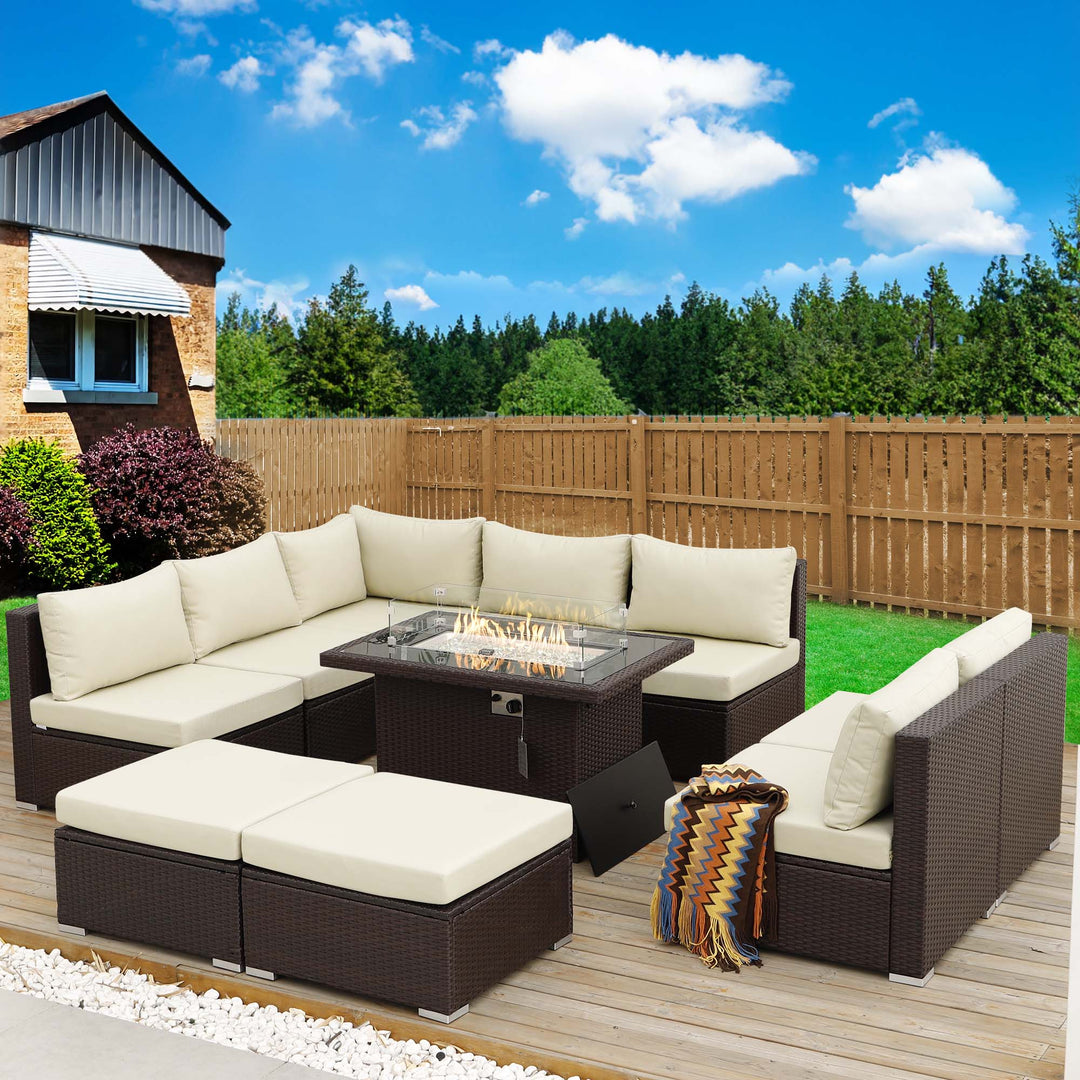 NICESOUL 10 Pieces Luxury Extra Large Size PE Wicker Patio Furniture Sectional Set,29.3'' High Back Outdoor Couch Sets with Propane/Natural Gas Fire Pit Table#color_brt-beige