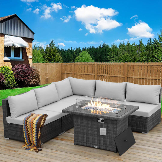 NICESOUL 6 Pieces Modern Luxury Wicker Patio Furniture Set with Fire Pit Table, 43" Natural Gas/Propane Fireplace 29.3'' High-Back Deep Wide Seat Outdoor Sectional Conversations Sofa Set for Outside#color_grt-lightgray