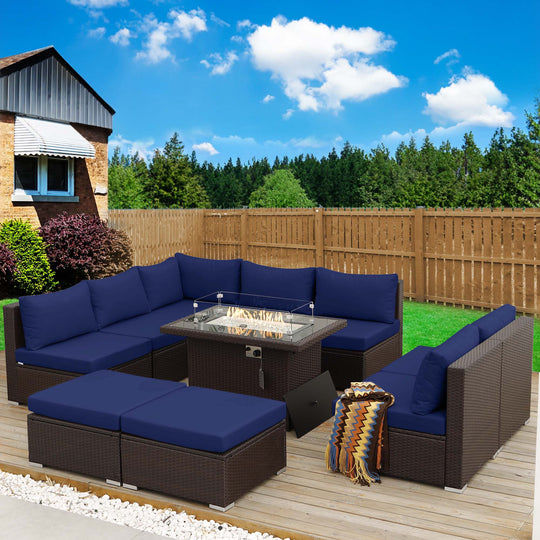 Outdoor Eden Espresso Fire Pit Sectional-9 Seat - Nicesoul Furniture#color_brt-navyblue