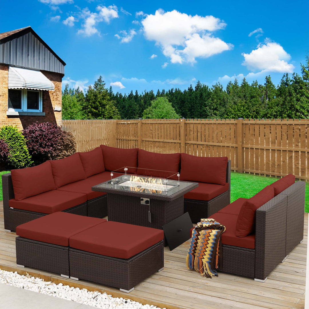 Outdoor Eden Espresso Fire Pit Sectional-9 Seat - Nicesoul Furniture#color_brt-red