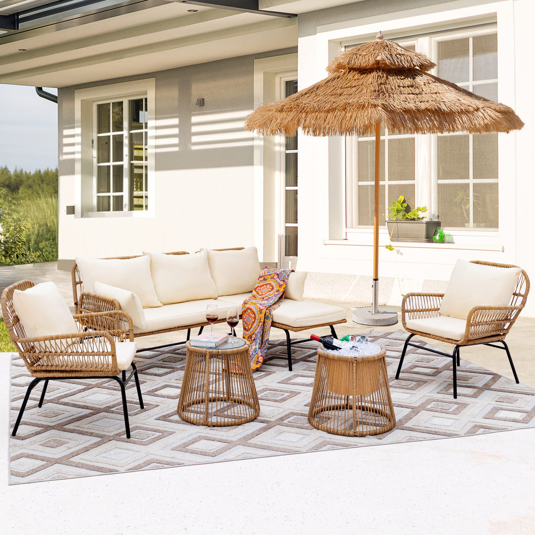 NICESOUL 8 PCS Beige Boho Outdoor Patio Furniture Sets with 2 Chairs, 2 Ottomans & 1 Side Table, Small L Shape Conversation Sectional Sofa with Ice Bucket for Backyard