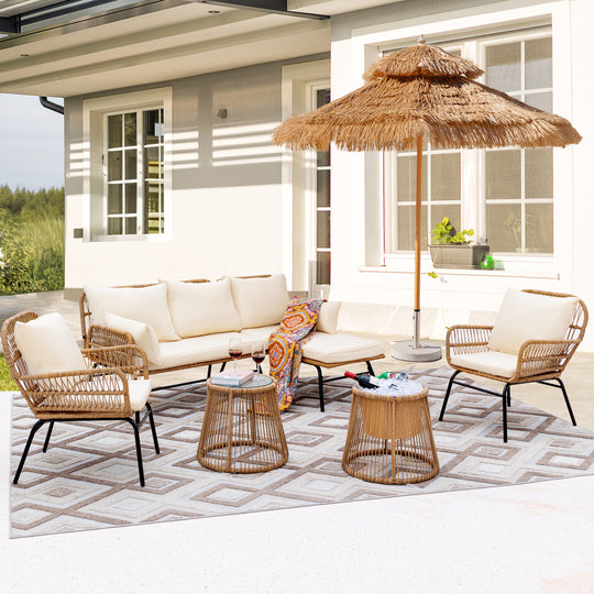 NICESOUL 8 PCS Beige Boho Outdoor Patio Furniture Sets with 2 Chairs, 2 Ottomans & 1 Side Table, Small L Shape Conversation Sectional Sofa with Ice Bucket for Backyard