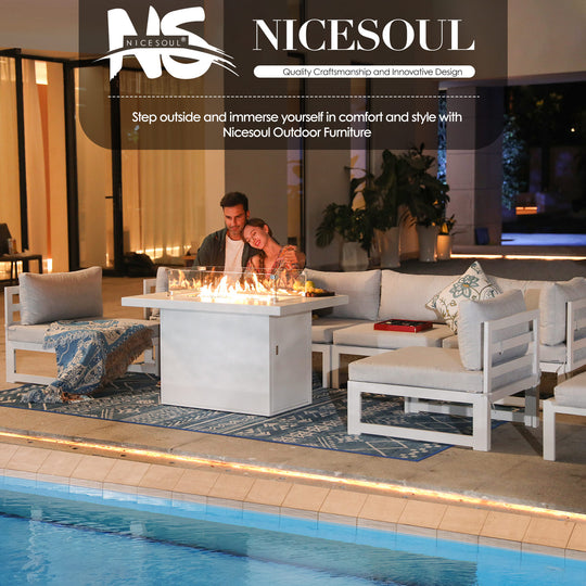 NICESOUL 7 Pieces Extra Large Aluminum Patio Furniture Set with Fire Pit Table 43" Propane Natural Gas Convertable #color_wal-lightgray