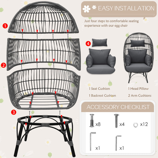 NICESOUL 2 Pieces Gray Outdoor Indoor Stationary Egg Chair Boho PE Wicker Patio Lounge Chair 440lbs